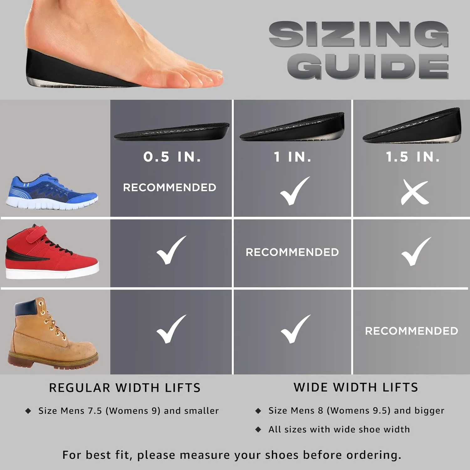 Shoe Lifts Heel Height Insoles - Height Increase Insoles for Men & Women, Invisible Foot Pads Shoe Inserts, Lifts w/Cooling Gel Technology, Honeycomb Design & 3 Height Options (2pcs of 1.5 Inch Lift)