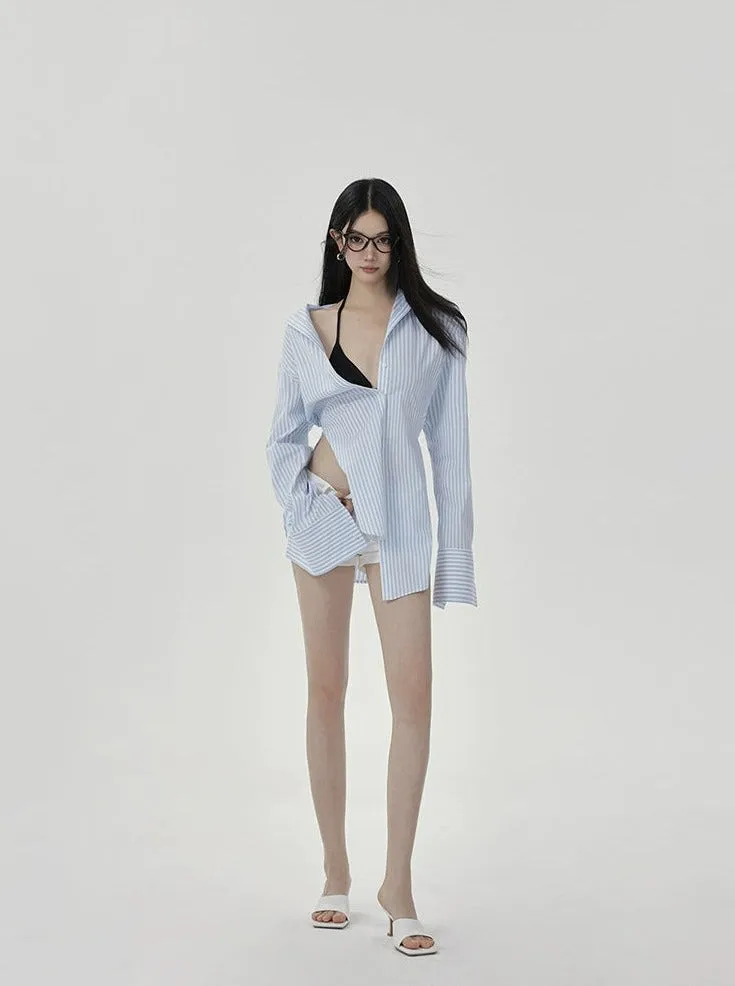 Striped Long-Sleeve Oversized Button-Up Shirt