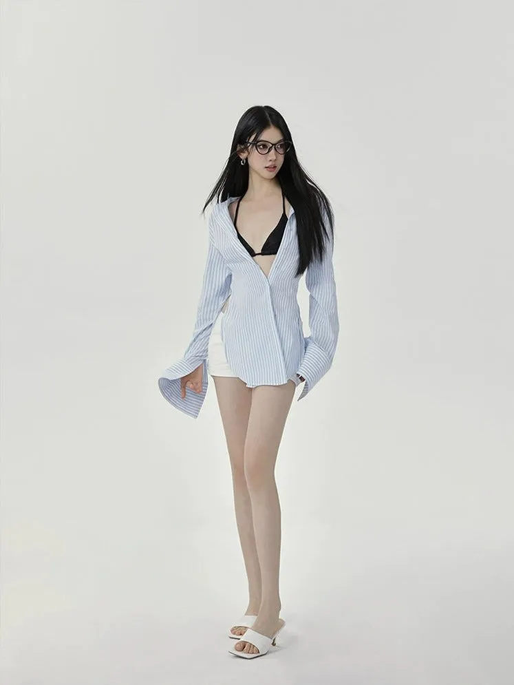 Striped Long-Sleeve Oversized Button-Up Shirt