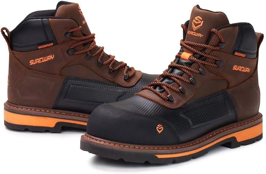 SUREWAY Soft Toe Heavy Duty Waterproof Work Boot, Mens 6" Goodyear Welt Oil/Slip Resistant Dual-Density Comfortable Outsole Leather Construction Industrial Safety Lace Up Work Boots - Brown