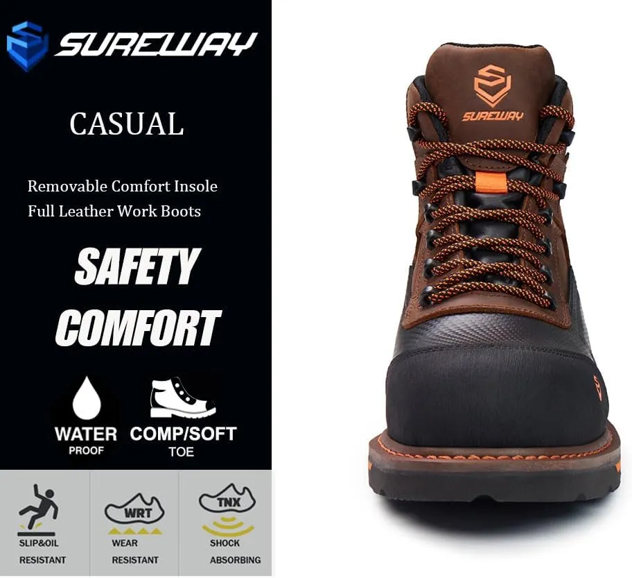SUREWAY Soft Toe Heavy Duty Waterproof Work Boot, Mens 6" Goodyear Welt Oil/Slip Resistant Dual-Density Comfortable Outsole Leather Construction Industrial Safety Lace Up Work Boots - Brown