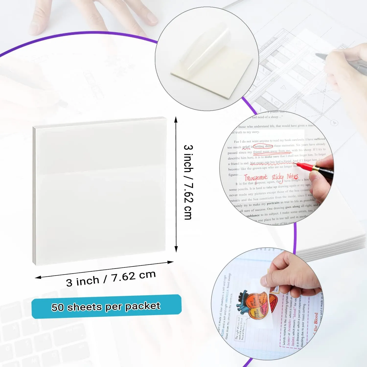 Transparent Sticky Notes - 3x3 inch Clear Sticky Notes Waterproof Self-Adhesive Translucent Sticky Note Pads for Books Annotation, See Through Sticky Note (200 Sheets)