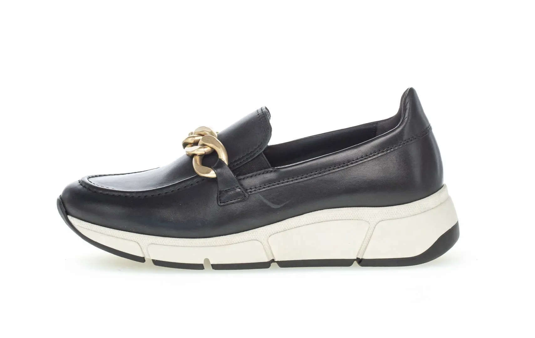 White Sole Leather Loafer with Gold Hardware in Black