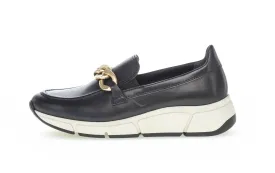 White Sole Leather Loafer with Gold Hardware in Black