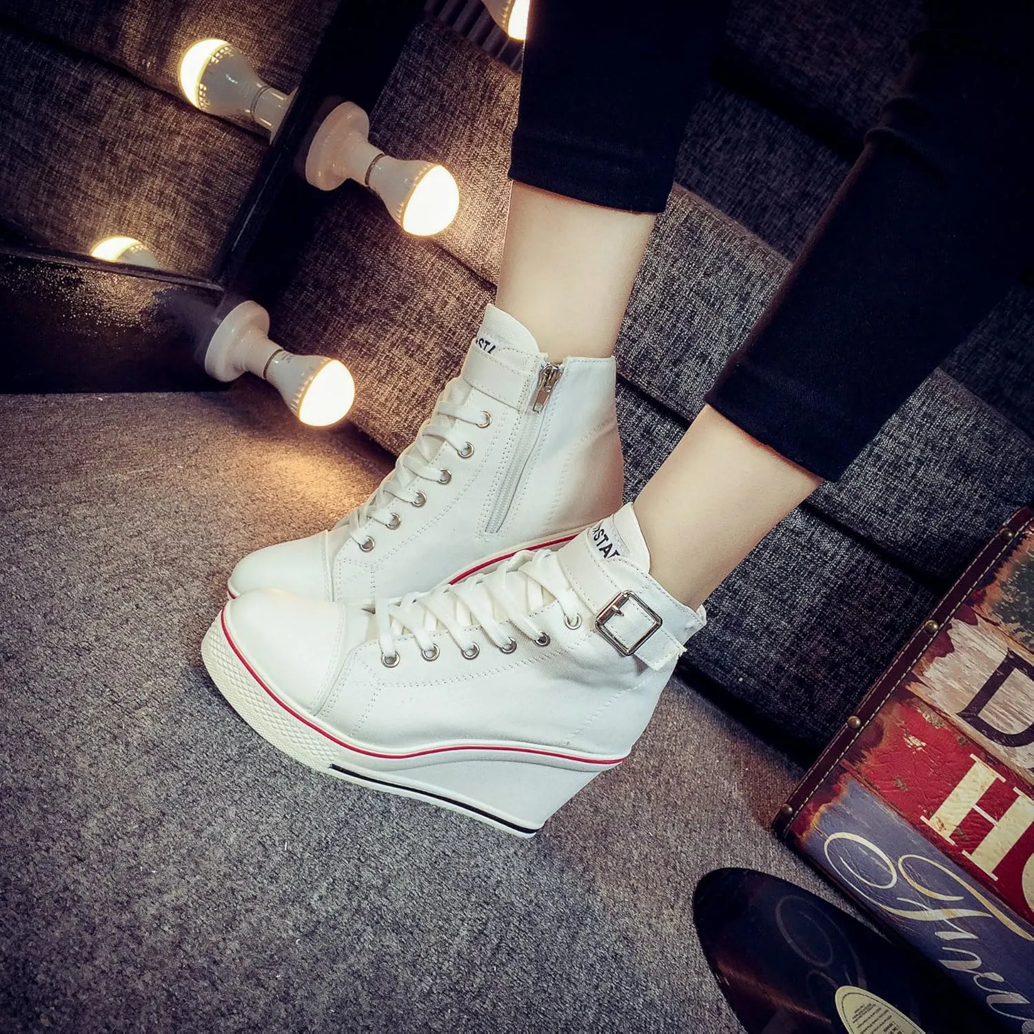 Women's Sneaker Shoes High Heel Fashionable Canvas Shoes High Tube Lace Up Wedge Edge Zipper Slope Angle Shoes Size 4-11