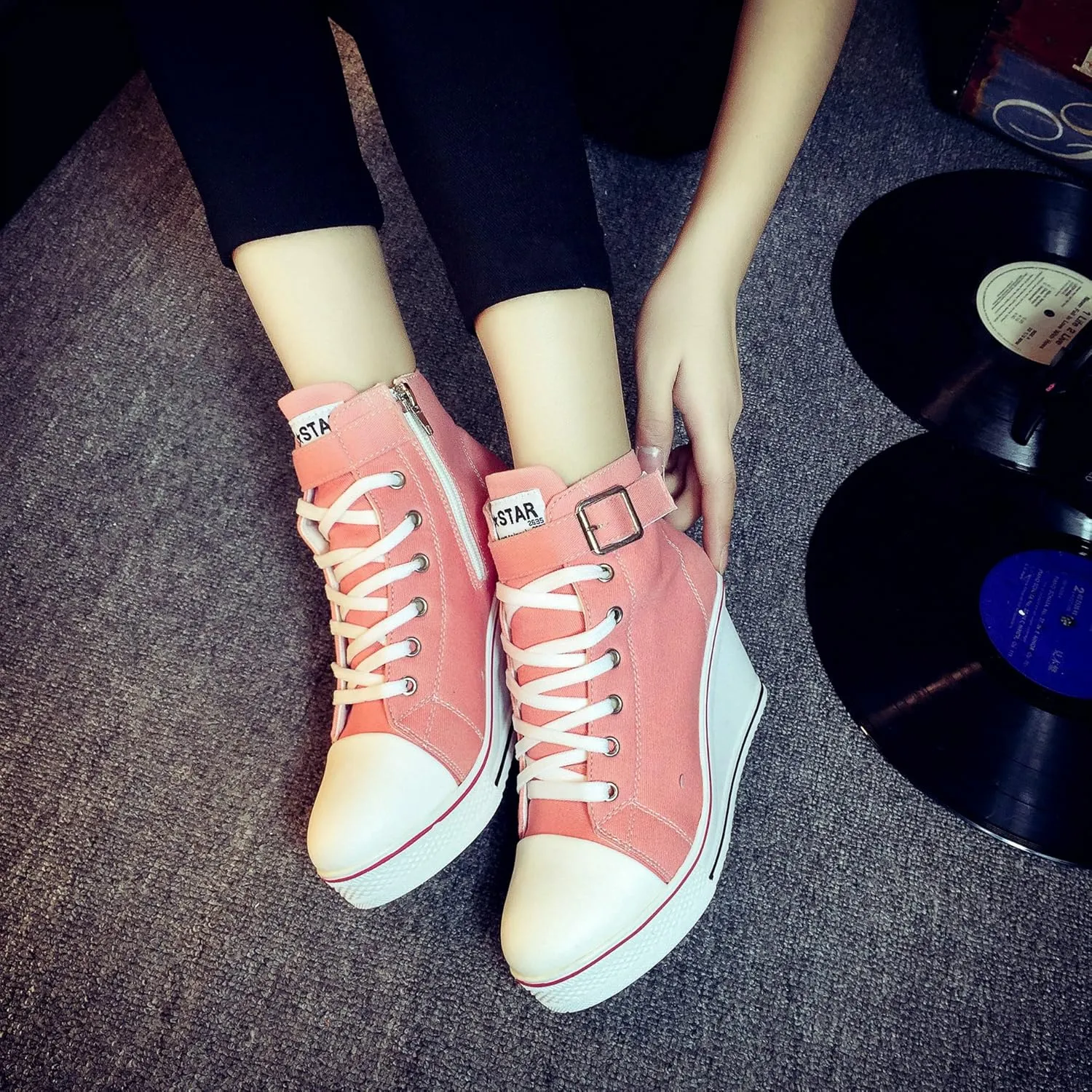 Women's Sneaker Shoes High Heel Fashionable Canvas Shoes High Tube Lace Up Wedge Edge Zipper Slope Angle Shoes Size 4-11