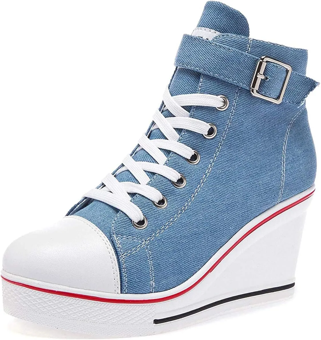 Women's Sneaker Shoes High Heel Fashionable Canvas Shoes High Tube Lace Up Wedge Edge Zipper Slope Angle Shoes Size 4-11