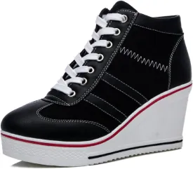 Women's Sneaker Shoes High Heel Fashionable Canvas Shoes High Tube Lace Up Wedge Edge Zipper Slope Angle Shoes Size 4-11